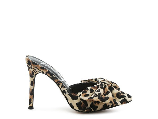 Joelle High Heel Bow Tie Leopard Print Mules