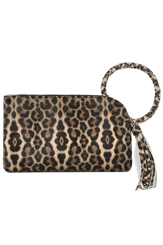 Leopard Cuff Handle Tassel Wristlet Clutch