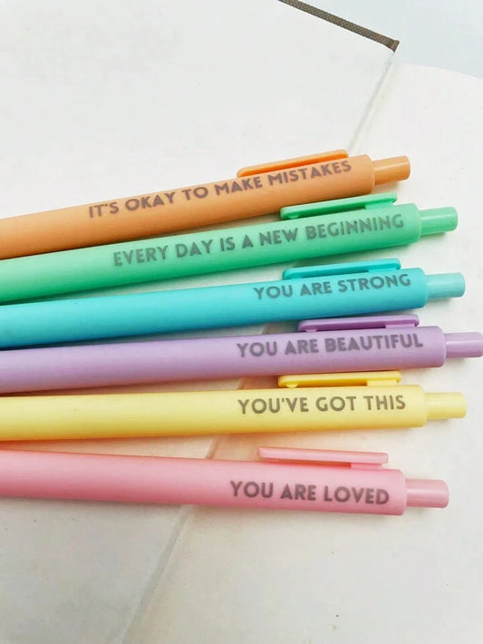 6pcs Pastel Motivational Inspirational Encouraging Pen Set - Retractable Happy Positive Pens, Black Ink, Easy Clip, Rubber Finished Ball Pens - Colorful & Cute Pens For Journaling, Writing Supplies