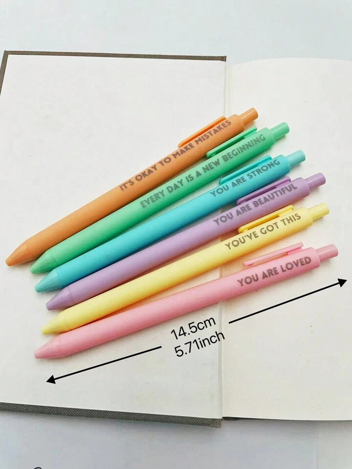 6pcs Pastel Motivational Inspirational Encouraging Pen Set - Retractable Happy Positive Pens, Black Ink, Easy Clip, Rubber Finished Ball Pens - Colorful & Cute Pens For Journaling, Writing Supplies