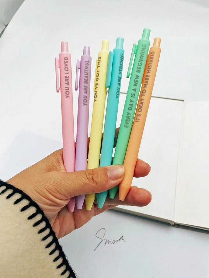 6pcs Pastel Motivational Inspirational Encouraging Pen Set - Retractable Happy Positive Pens, Black Ink, Easy Clip, Rubber Finished Ball Pens - Colorful & Cute Pens For Journaling, Writing Supplies