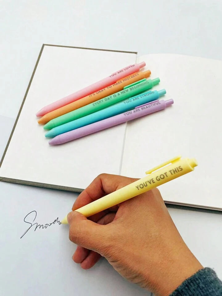 6pcs Pastel Motivational Inspirational Encouraging Pen Set - Retractable Happy Positive Pens, Black Ink, Easy Clip, Rubber Finished Ball Pens - Colorful & Cute Pens For Journaling, Writing Supplies