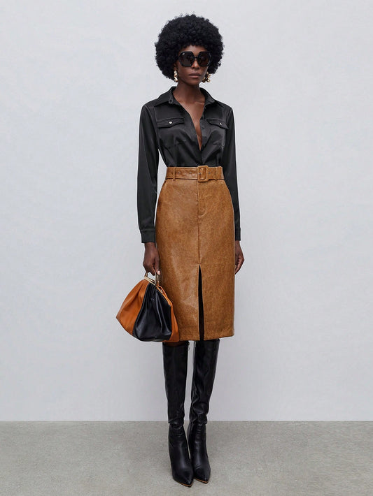 Split Hem Belted PU Leather Skirt