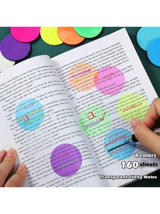 160pcs 8 Colors Round Transparent Sticky Notes For Writing, Cute Semi-transparent Bookmarks, Indexed Tabs, Diary Labels, Textbook Labels, Study & Office Supplies