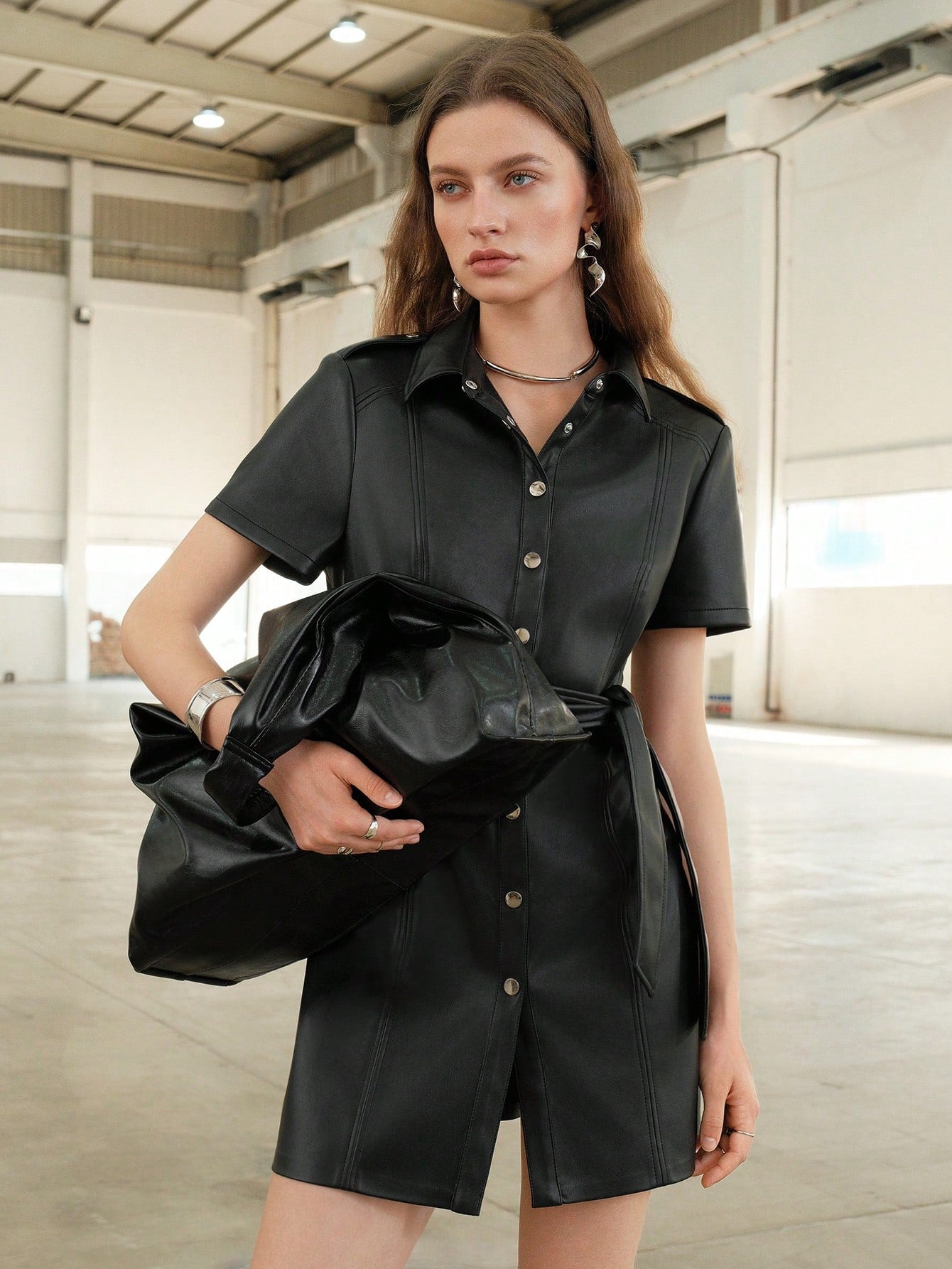 Button Front Belted PU Leather Coat