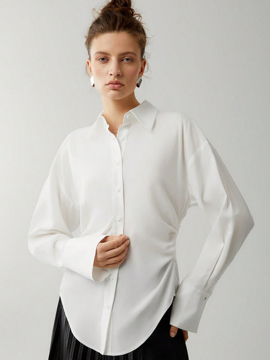 Solid Ruched Button Front Drop Shoulder Shirt