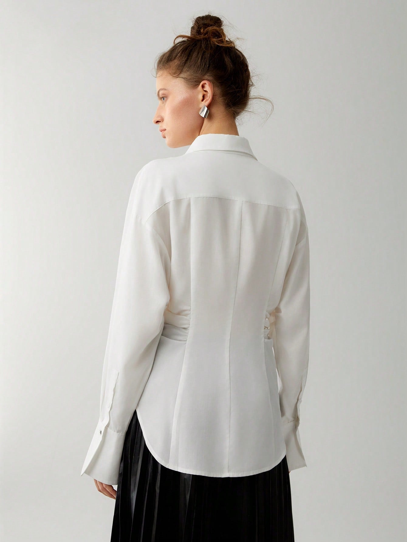 Solid Ruched Button Front Drop Shoulder Shirt