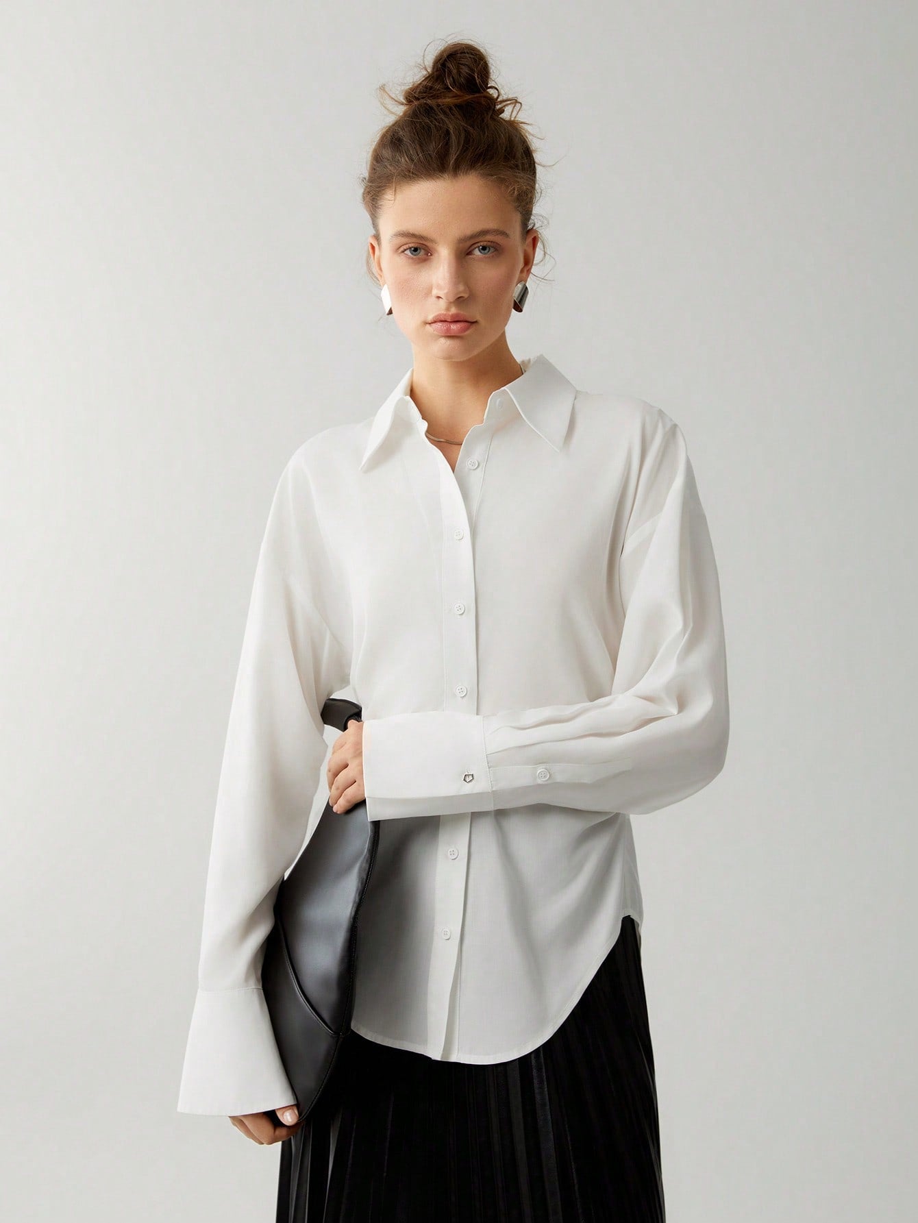 Solid Ruched Button Front Drop Shoulder Shirt