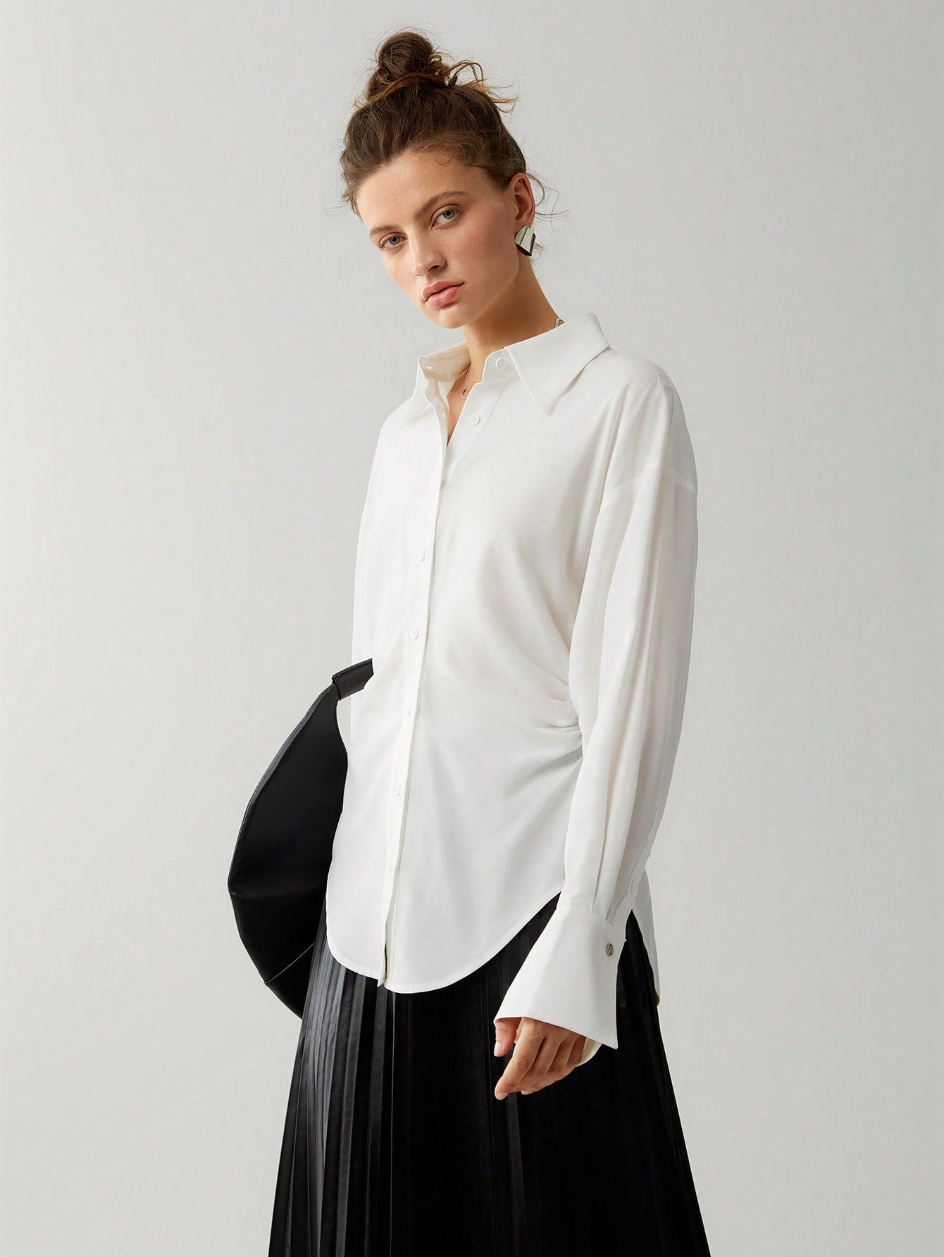 Solid Ruched Button Front Drop Shoulder Shirt