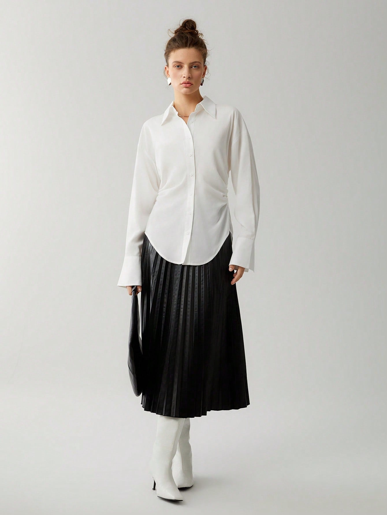 Solid Ruched Button Front Drop Shoulder Shirt