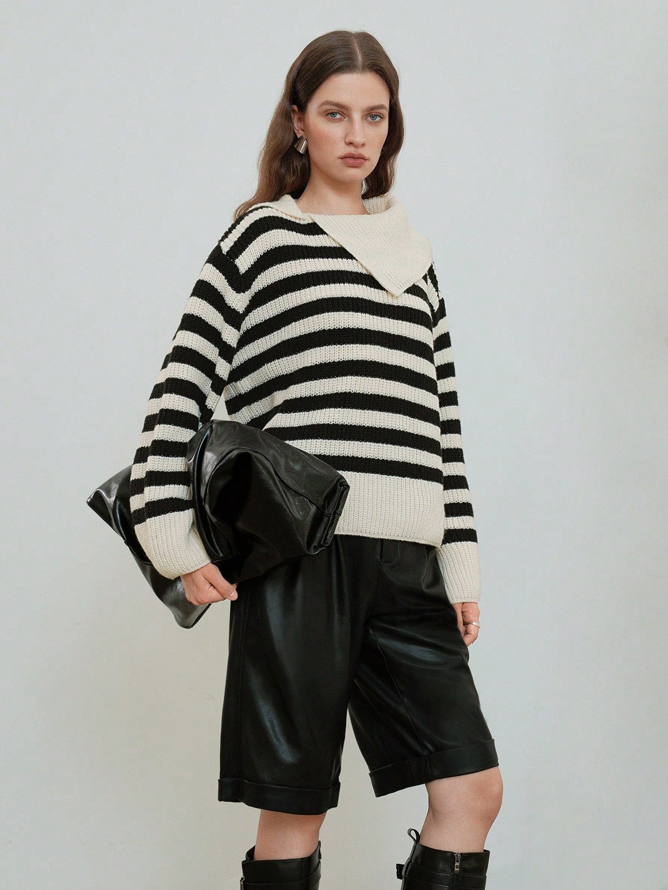 Contrast Collar Striped Pattern Drop Shoulder Sweater