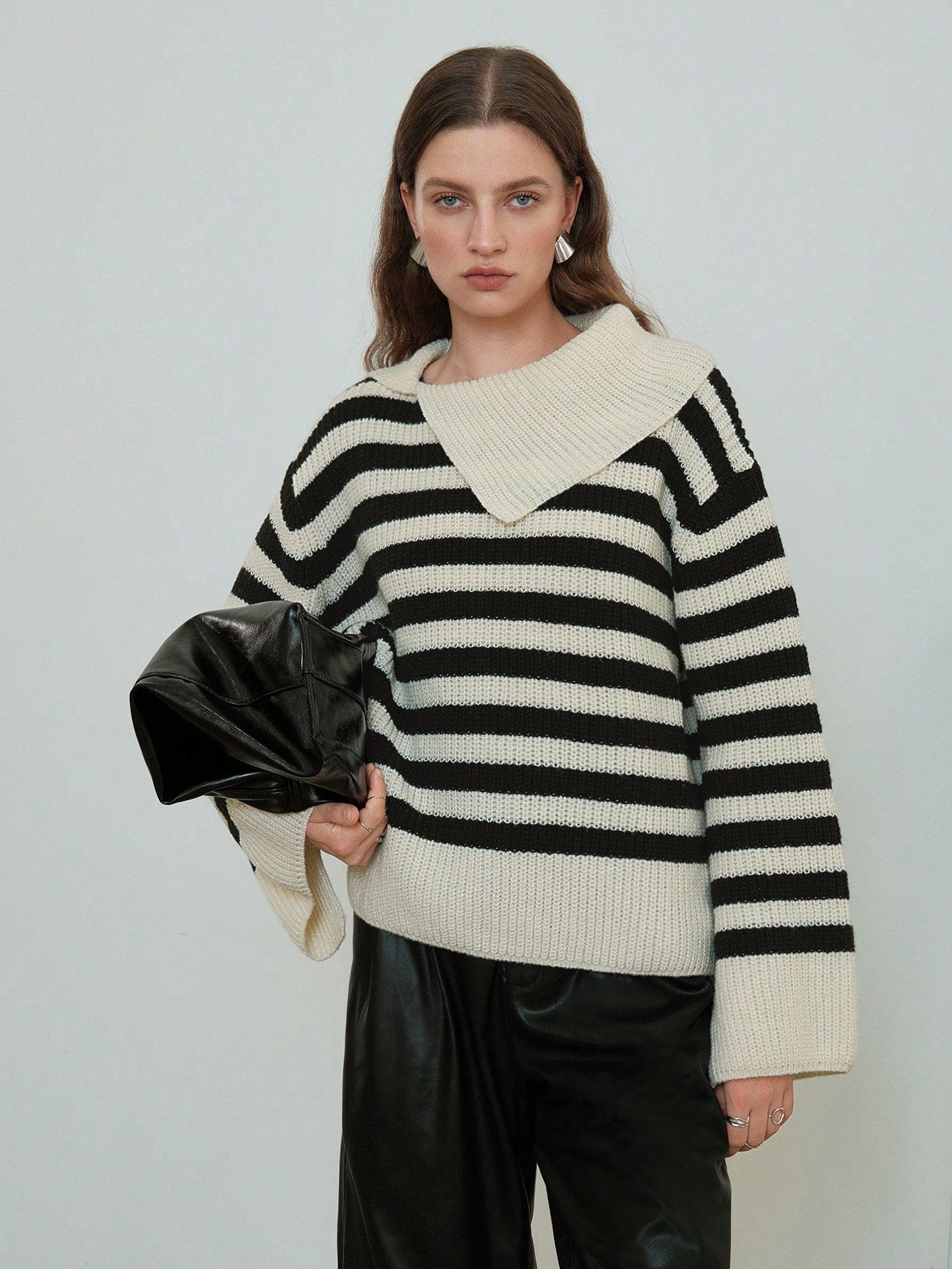 Contrast Collar Striped Pattern Drop Shoulder Sweater