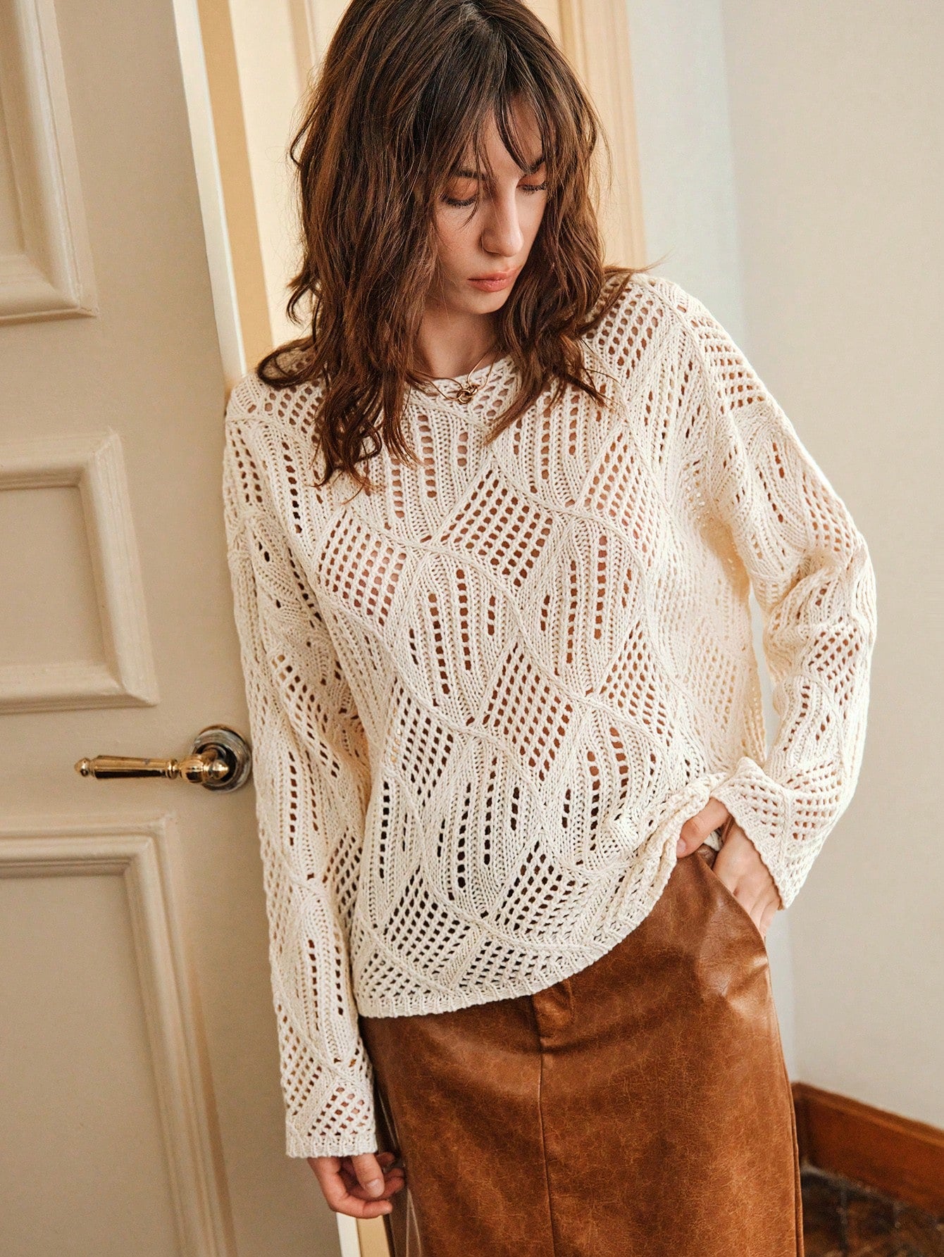 Solid Pointelle Knit Drop Shoulder Sweater