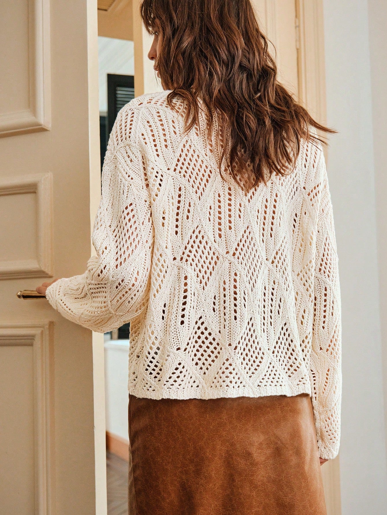 Solid Pointelle Knit Drop Shoulder Sweater