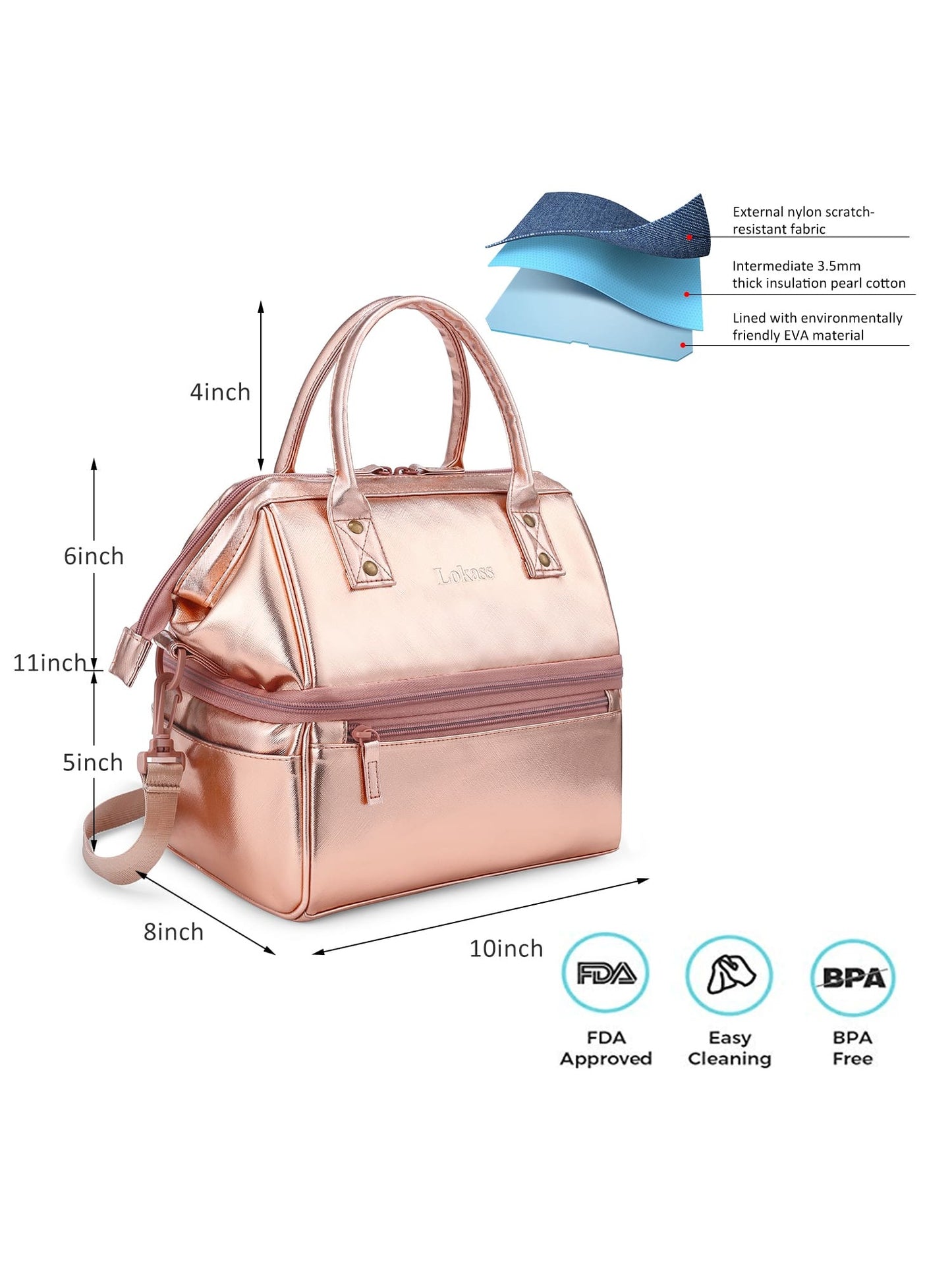 Pu Leather Double Layer Lunch Bag With Zipper Closure, Double Handles, Large Capacity And Multiple Compartments