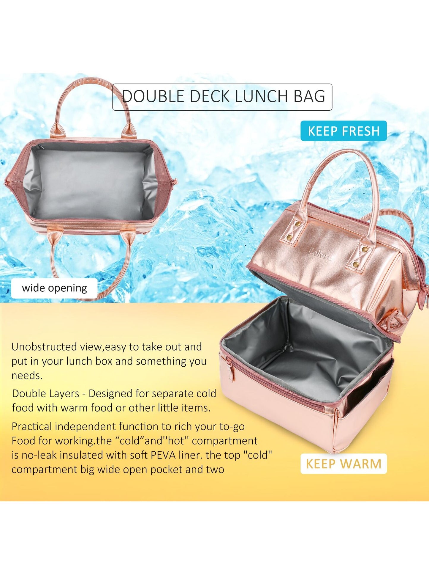 Pu Leather Double Layer Lunch Bag With Zipper Closure, Double Handles, Large Capacity And Multiple Compartments