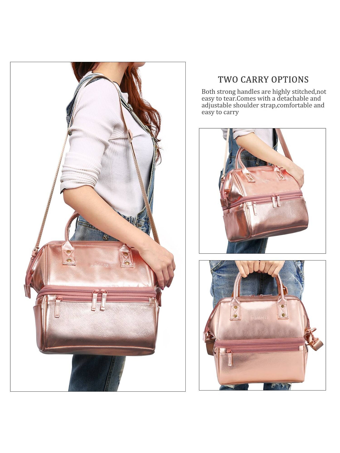 Pu Leather Double Layer Lunch Bag With Zipper Closure, Double Handles, Large Capacity And Multiple Compartments