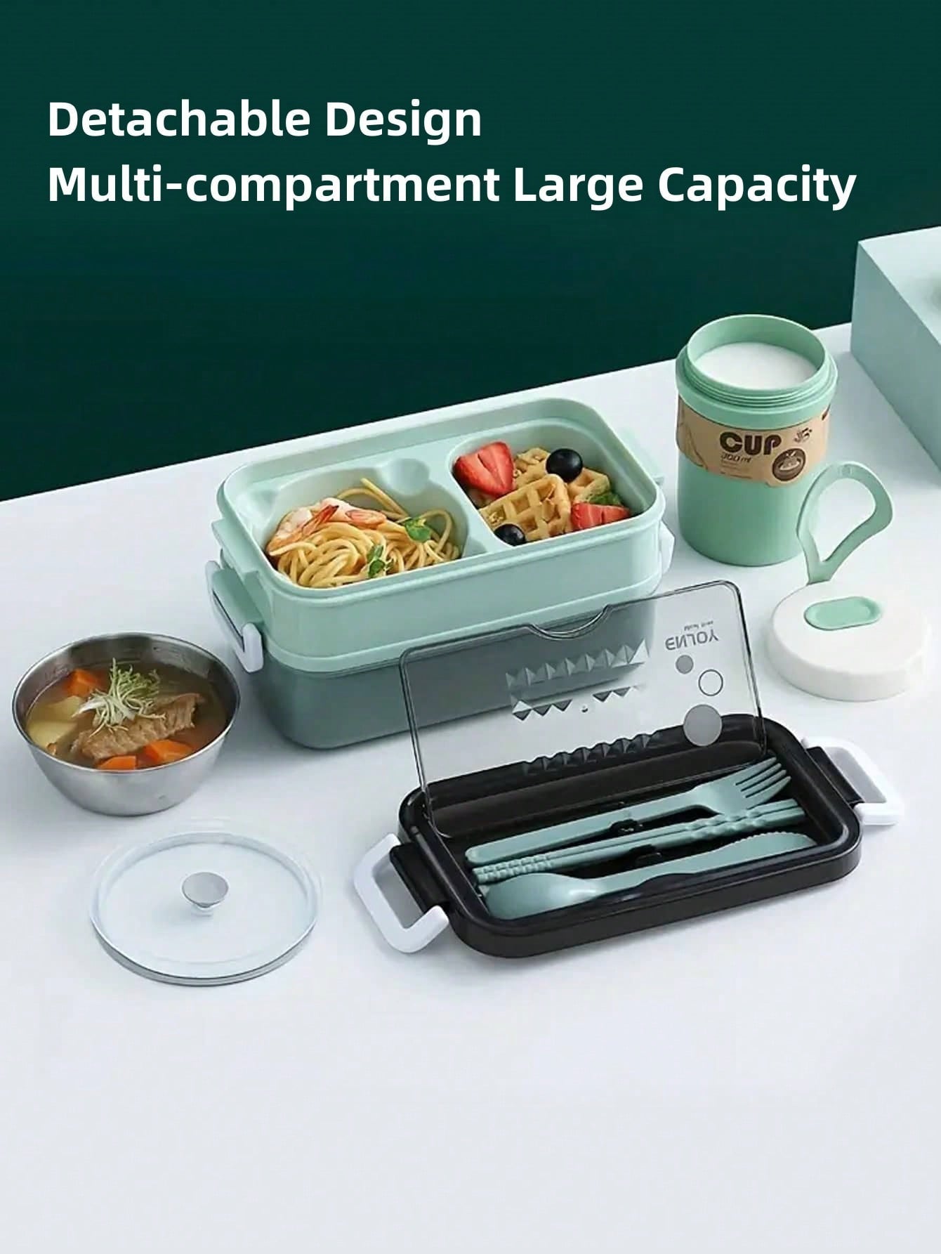 1pc Stainless Steel Lunch Box, Large-capacity Double-layer Insulated Lunch Box With Cutlery, Compartment Bento Box, For Teenagers And Workers At School, Classroom, Canteen, Back To School, Portable Lunch Box, Home Kitchen Supplies(Green)