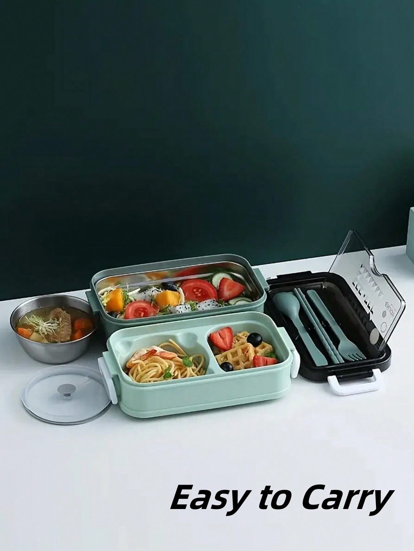 1pc Stainless Steel Lunch Box, Large-capacity Double-layer Insulated Lunch Box With Cutlery, Compartment Bento Box, For Teenagers And Workers At School, Classroom, Canteen, Back To School, Portable Lunch Box, Home Kitchen Supplies(Green)