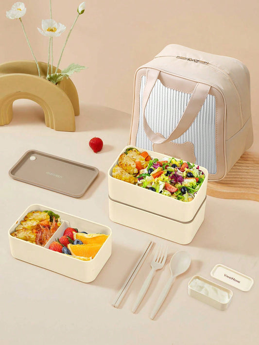 1set 1800ml Microwavable Plastic Lunch Box With Bag & Cutlery & Sauce Box, Leak Proof Portable Fruit Salad Food Container For Adults Kids