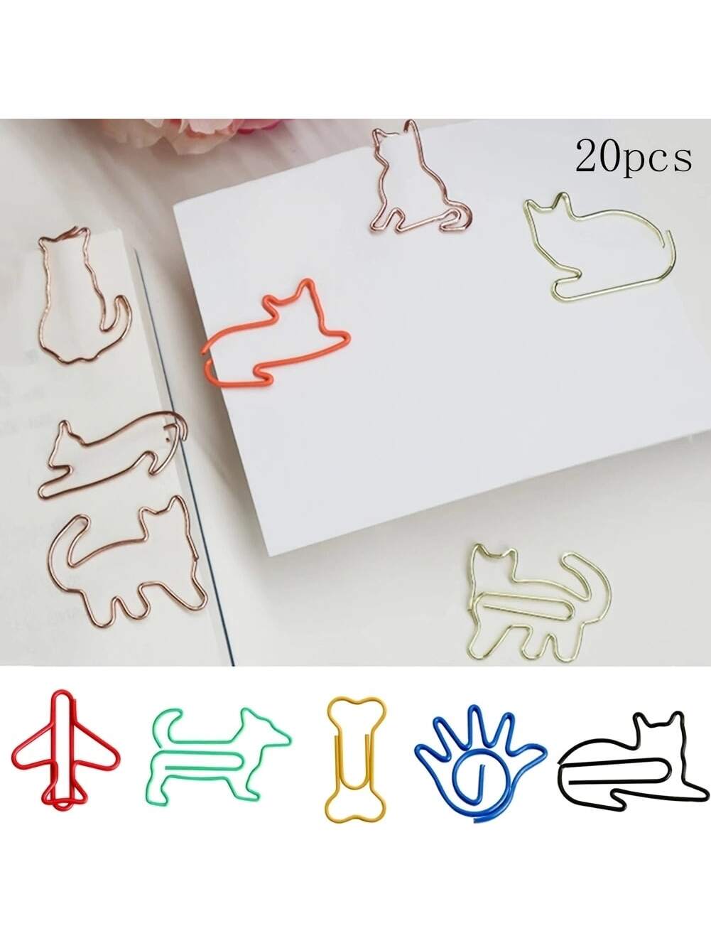 20pcs Mixed-color Creative Animal Shaped Paper Clips, Cute Cat Design