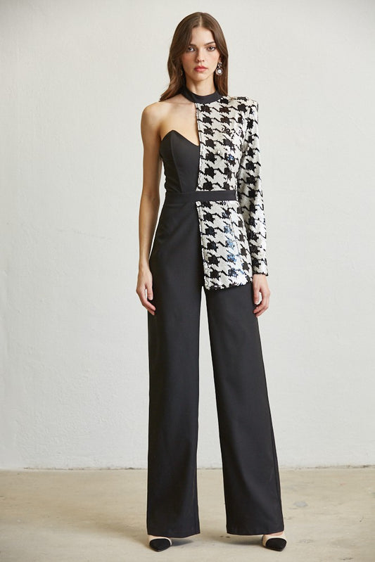 HOUNDSTOOTH SEQUIN JUMPSUIT