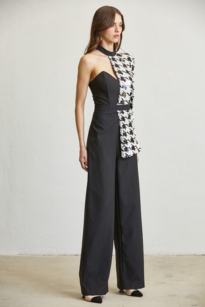 HOUNDSTOOTH SEQUIN JUMPSUIT