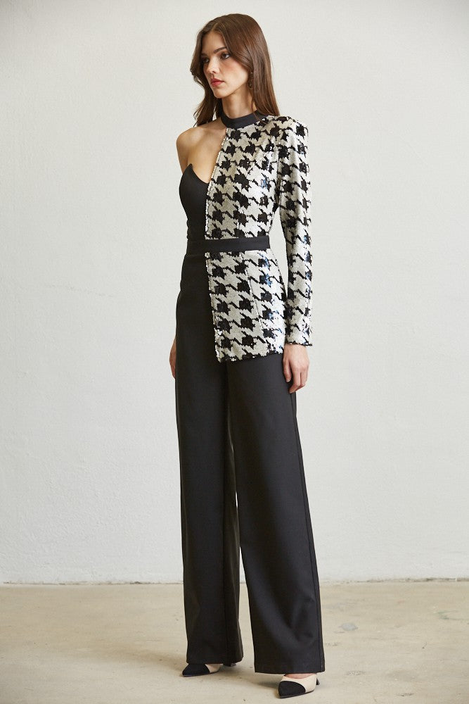 HOUNDSTOOTH SEQUIN JUMPSUIT