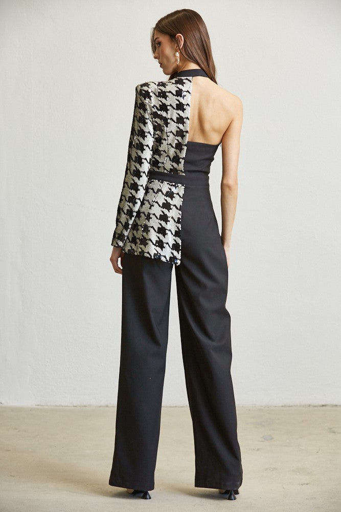 HOUNDSTOOTH SEQUIN JUMPSUIT