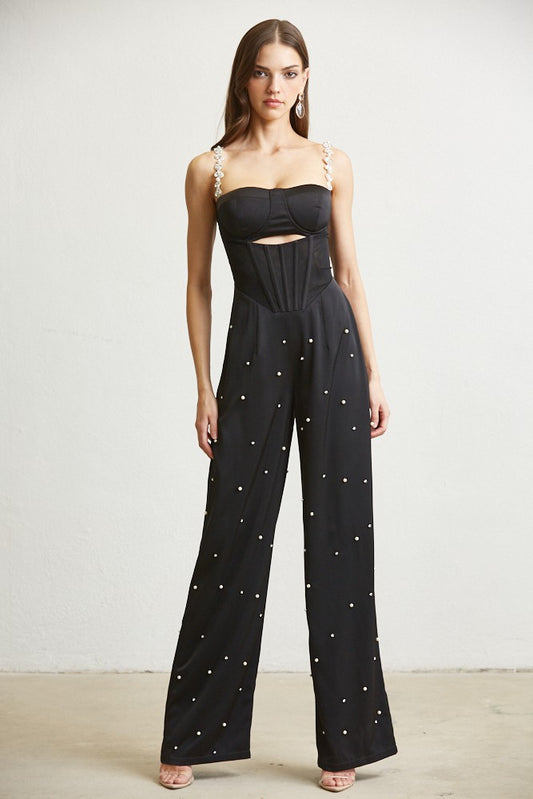 PEARL RHINESTONE CORSET SATIN JUMPSUIT