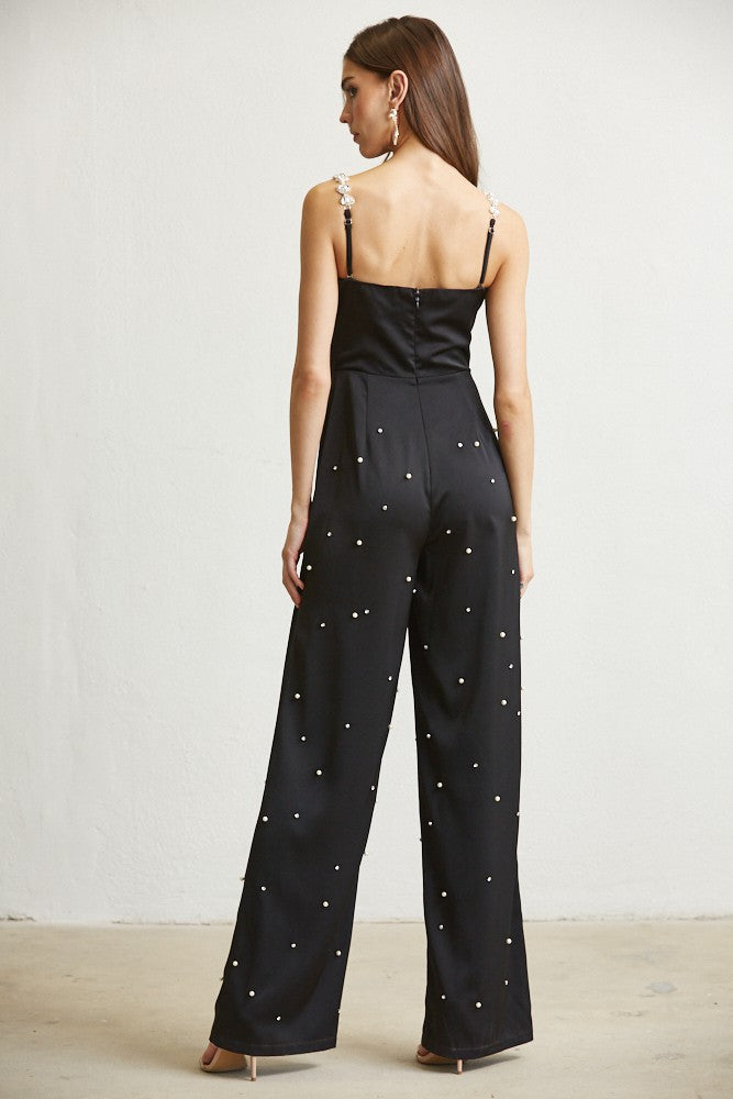 PEARL RHINESTONE CORSET SATIN JUMPSUIT