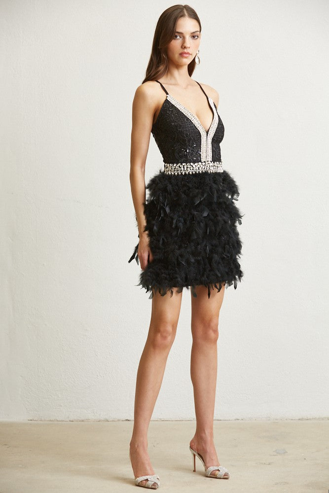 RHINESTONE PEARL TRIM FEATHER DRESS