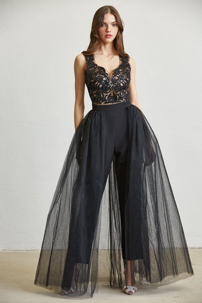 EMBROIDERED MESH TULLE JUMPSUIT