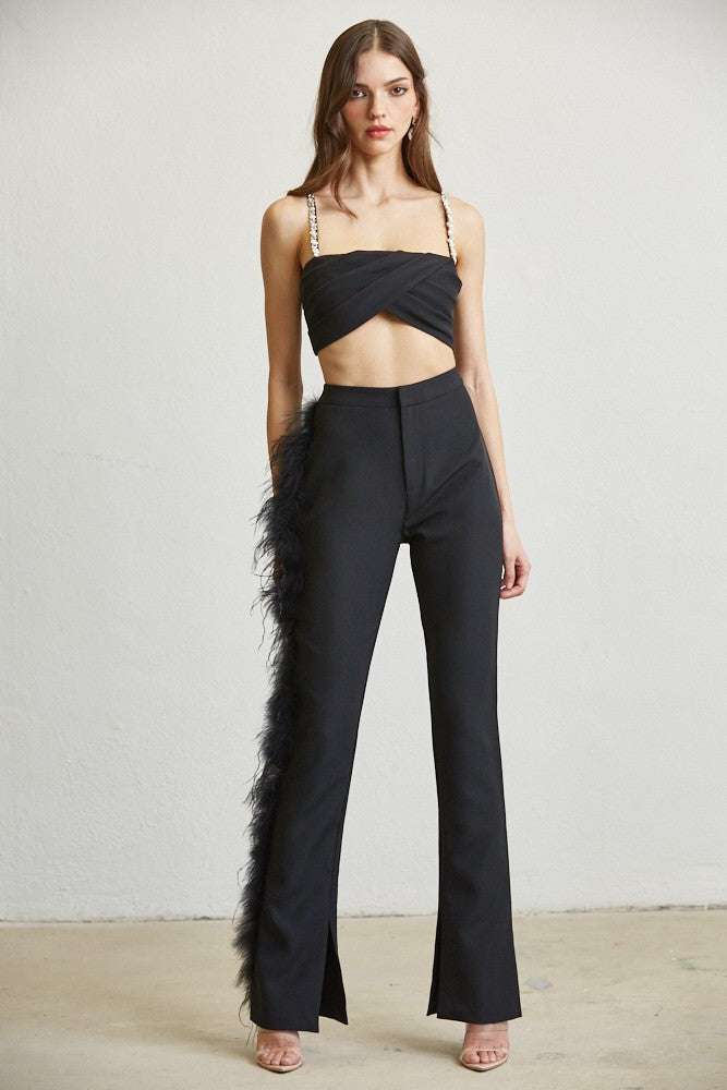 FEATHER TRIM TOP AND PANT SET