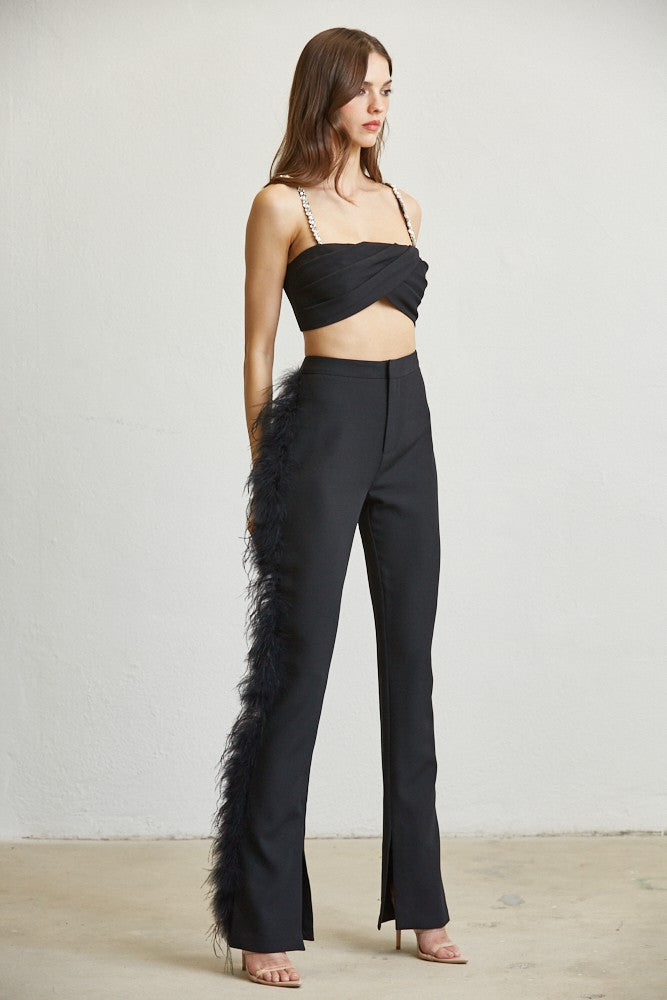 FEATHER TRIM TOP AND PANT SET