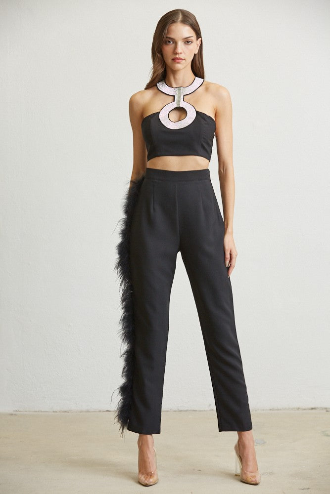 RHINESTONE FEATHER TRIM PANT SET