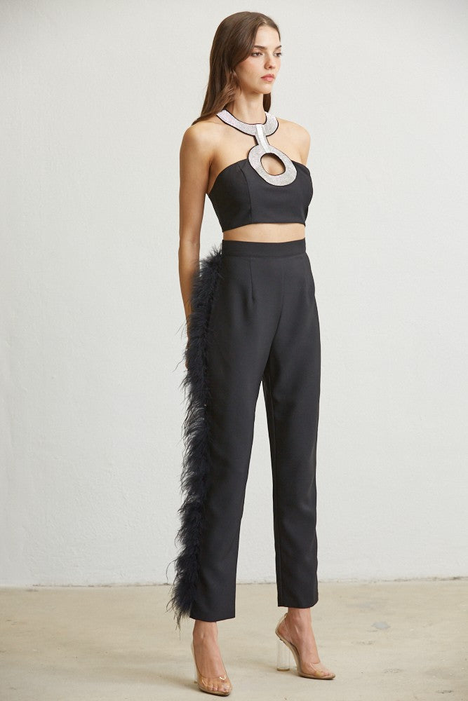 RHINESTONE FEATHER TRIM PANT SET