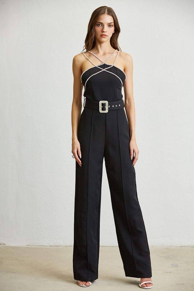 RHINESTONE TRIM WOVEN JUMPSUIT