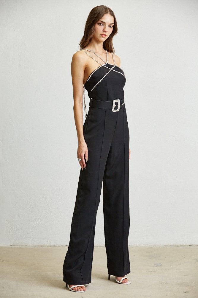 RHINESTONE TRIM WOVEN JUMPSUIT