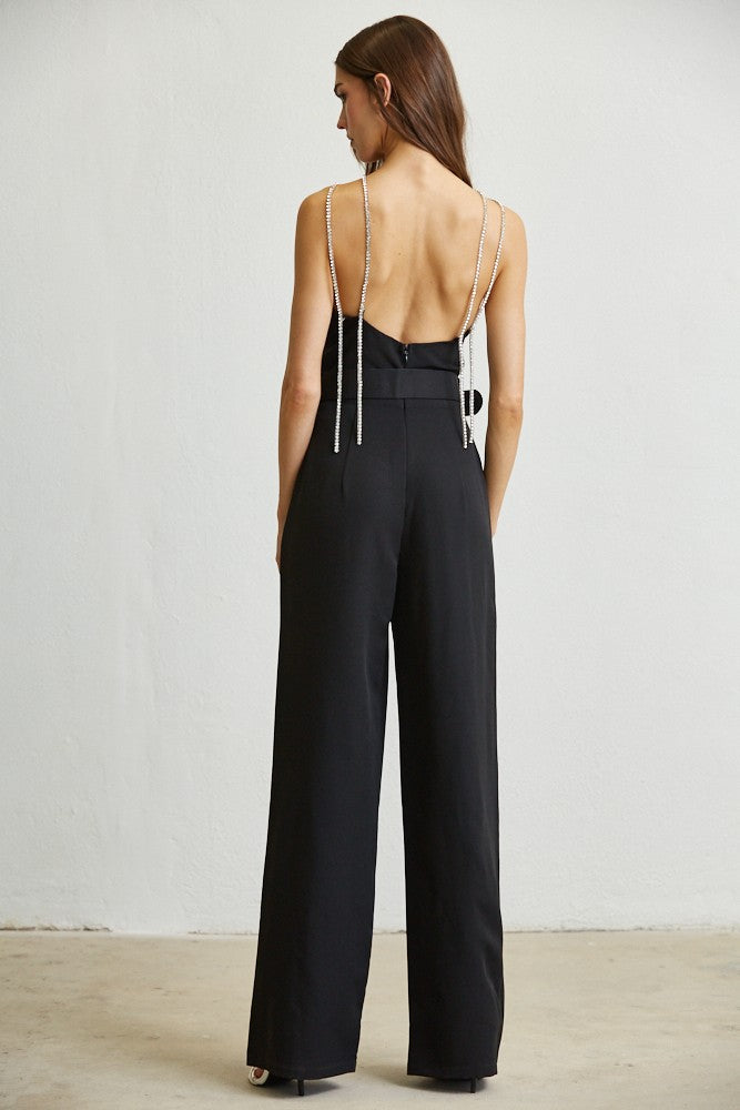 RHINESTONE TRIM WOVEN JUMPSUIT