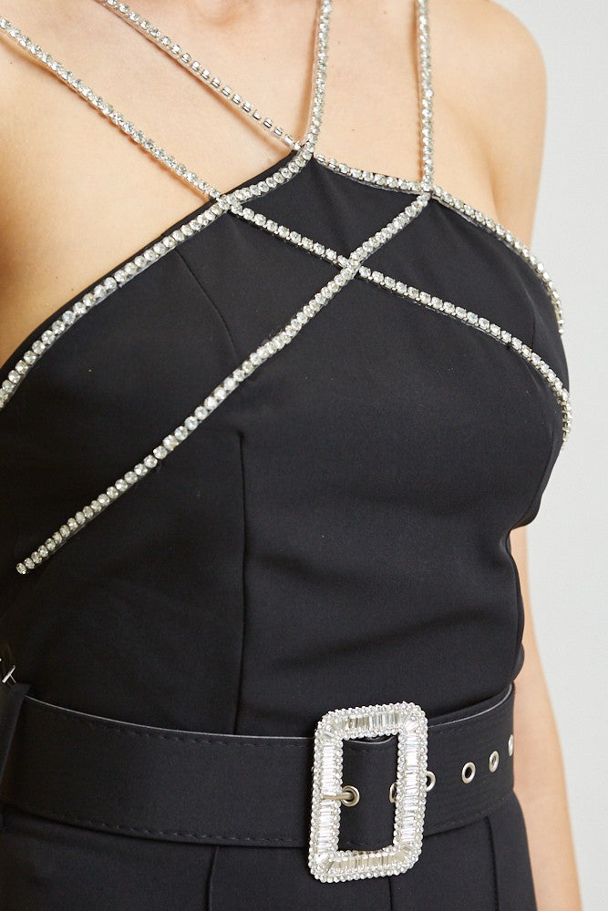 RHINESTONE TRIM WOVEN JUMPSUIT