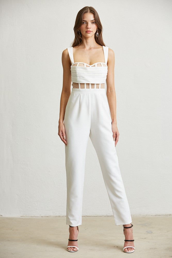 MESH PLEATED DETAIL JUMPSUIT