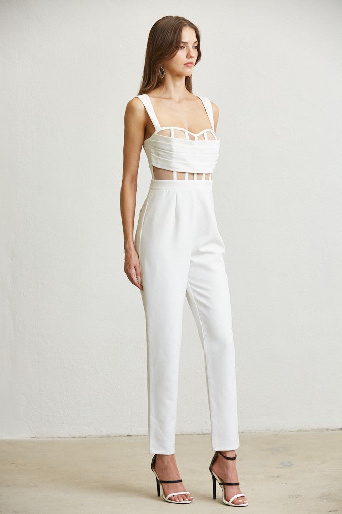 MESH PLEATED DETAIL JUMPSUIT