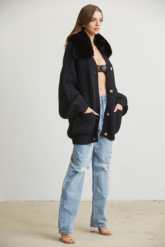 PLUSH FAUX FUR CABLE KNIT CARDIGAN