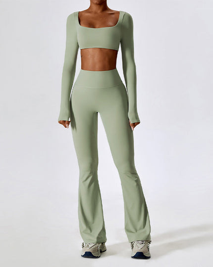 SOLID COLOR YOGA FITNESS LONG SLEEVE + FLARED LEG PANTS TWO-PIECE SET