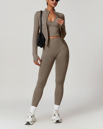 SEAMLESS YOGA BRA + LEGGING + LONG SLEEVE FULL ZIPPER JACKET 3-PIECE SET