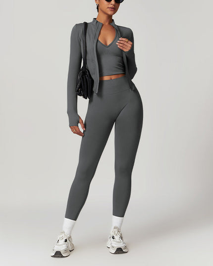 SEAMLESS YOGA BRA + LEGGING + LONG SLEEVE FULL ZIPPER JACKET 3-PIECE SET