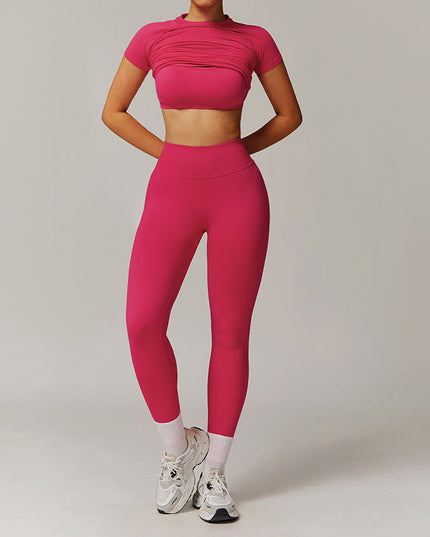 THREADED SEAMLESS SHORT SLEEVE TOP+ BRA+TIGHT LEGGINGS 3 PIECES SET