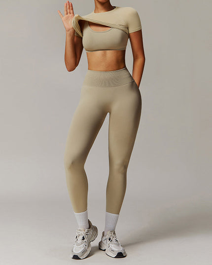 THREADED SEAMLESS SHORT SLEEVE TOP+ BRA+TIGHT LEGGINGS 3 PIECES SET