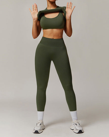 THREADED SEAMLESS SHORT SLEEVE TOP+ BRA+TIGHT LEGGINGS 3 PIECES SET